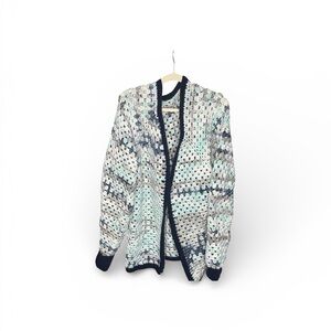 Chunky Open-Front Crochet Cardigan in Navy Trim